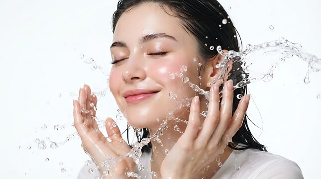 Young woman washing her face with fresh water splash
