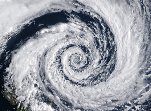 Typhoon, tropical storm, cyclone, hurricane, tornado, over ocean. Weather background. Typhoon,  storm, windstorm, superstorm, gale moves to the ground.  Elements of this image furnished by NASA.