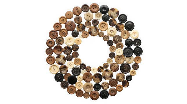 A circular frame made of various wooden and black buttons isolated on transparent background