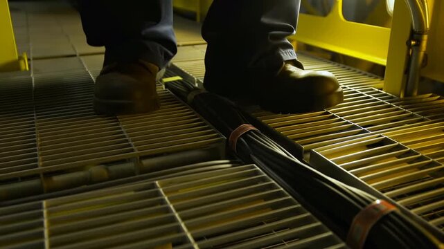 Person in sturdy work boots steps along grated metal walkway beside bundled black cables, framed by yellow safety rails and warm industrial lighting in a low-angle view