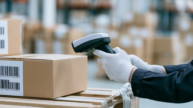 Worker in warehouse scan barcode on cardboard box with handheld reader, manage inventory, logistics operation and supply chain management