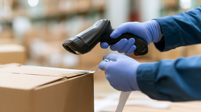 Worker hand in protective glove hold barcode scanner device and tape cardboard box in modern distribution fulfillment warehouse facility