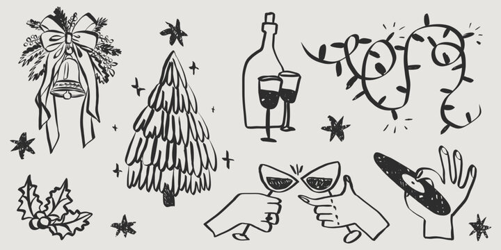 Whimsical Christmas party illustration featuring hand-sketched doodle icons of wine, champagne and xmas quirky elements in charming vintage style for holiday greeting cards. Vector illustration.
