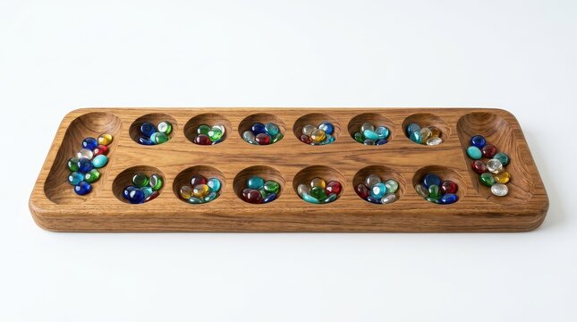Traditional wooden Mancala board game with colorful glass stones, handcrafted oak wood board, classic strategy tabletop game for family leisure