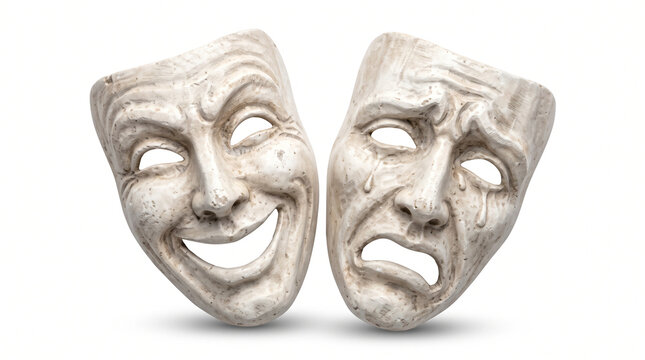 Theater Masks A pair of classic theatrical drama masks (one comedy, one tragedy) carved in white stone, isolated on a pure white background