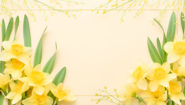 Yellow daffodils and mimosa creating spring floral frame
