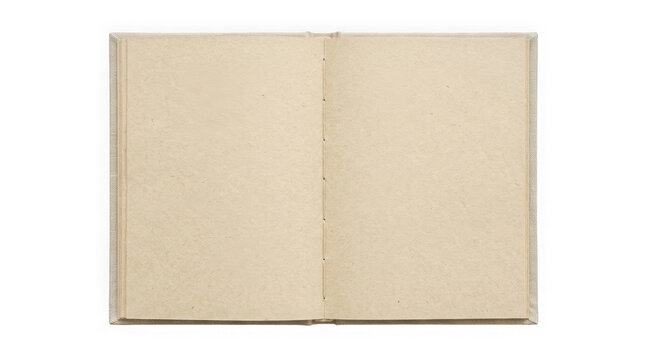 Open blank notebook with textured beige pages isolated on transparent background