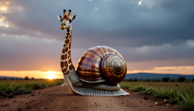Giraffe snail hybrid creature standing on savanna at sunset