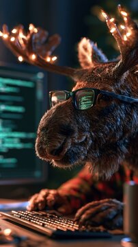Moose with glasses sits at a computer desk