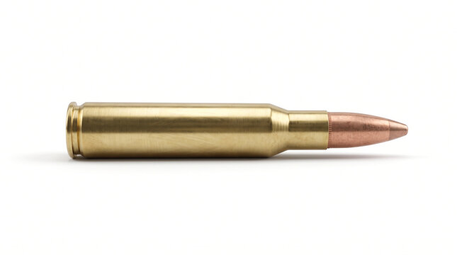 Ultra-realistic single metallic ammunition cartridge, polished brass casing with detailed copper-colored bullet tip, precise cylindrical proportions and subtle metallic reflections