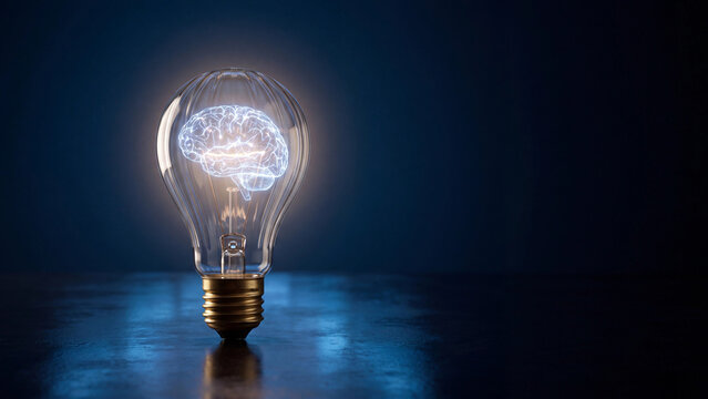 Lightbulb glowing with a bright brain illustration inside against a dark blue textured background.