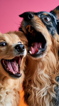 Two dogs yawn widely, eyes wide, tongues visible