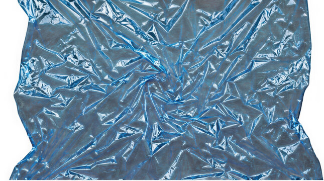 Crinkled blue plastic sheet texture isolated on transparent background