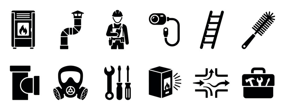 Collection of black silhouette icons for chimney sweeping services, featuring a stove, flue pipe, technician, inspection camera, ladder, brush, respirator, and various repair tools