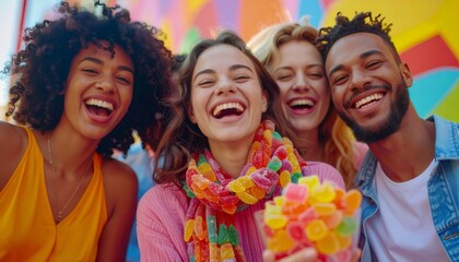 Fototapeta premium Diverse friends laughing enjoying colorful gummy candy together