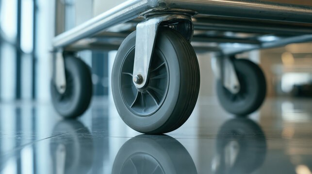 Close-up of sturdy mail cart wheels rolling across polished office floor  