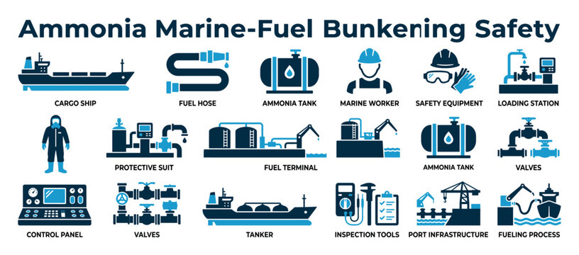 Set of blue vector icons illustrating ammonia marine-fuel bunkering safety procedures, showing cargo ships, tankers, protective suits, and port infrastructure for alternative energy