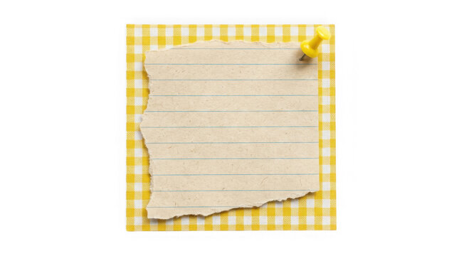 A torn piece of lined paper pinned to a yellow checkered fabric background isolated on transparent background
