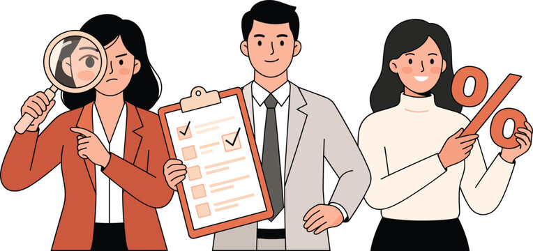 Business People with Magnifier Checklist Clipboard and Percent Sign
