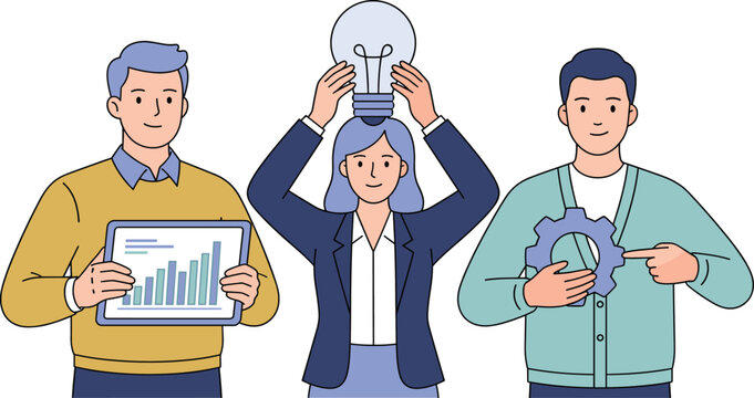 Business People with Chart Lightbulb and Gear Icons Teamwork Concept