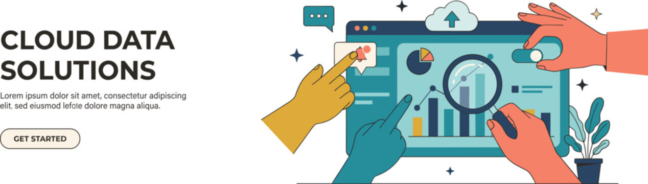 Cloud Data Analytics Dashboard with Hands Chart and Magnifier Landing Page