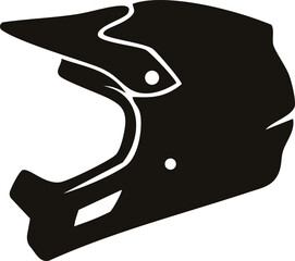 Naklejka premium Full-face helmet icon for cycling, motocross, and extreme sports safety. Single black silhouette symbol of mountain bike downhill and motorcycle protective headgear with visor. Vector illustration
