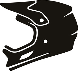 Naklejka premium Full-face helmet icon for cycling, motocross, and extreme sports safety. Single black silhouette symbol of mountain bike downhill and motorcycle protective headgear with visor. Vector illustration