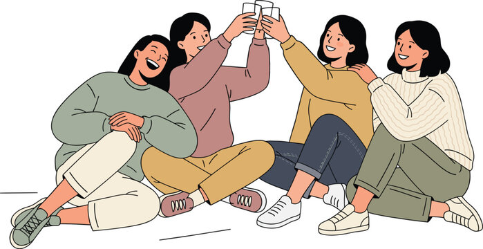 Group of Women Friends Sitting Together Toasting Drinks and Laughing