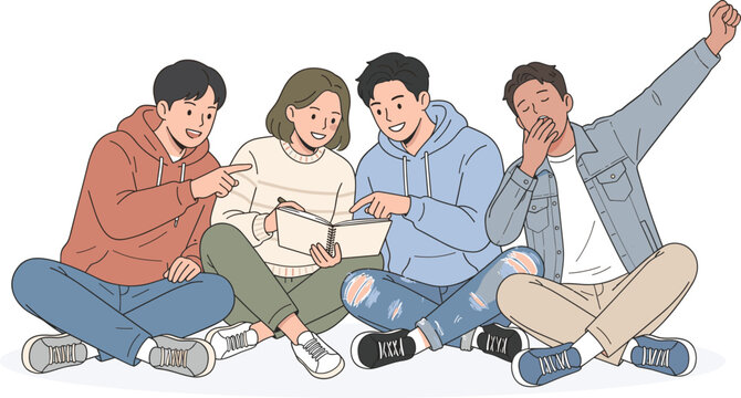 Group of Young People Sitting Together Reading Notebook and Yawning