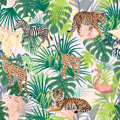 Naklejka premium Tiger, zebra, cheetah, flamingo, tropical palm leaves floral seamless pattern. Exotic jungle wallpaper.