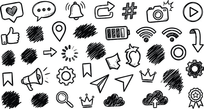 Hand Drawn Social Media Doodle Icon Set with Heart Bell and Camera