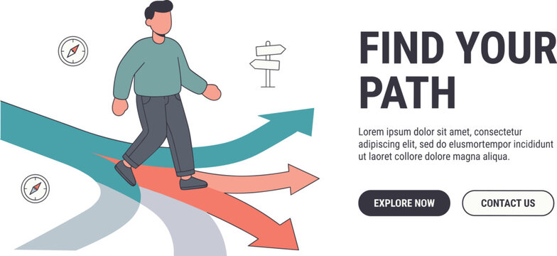 Man Walking on Diverging Path Arrows Choosing Direction Landing Page Template