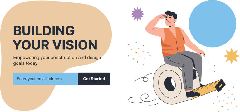 Man Riding Giant Measuring Tape Building Vision Construction Landing Page