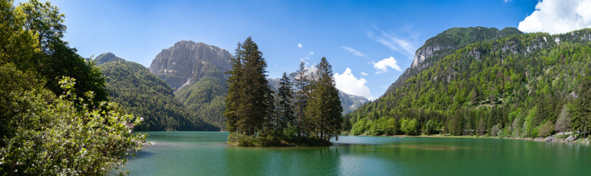 Pine Islet and Alpine Peaks at Lago del Predil