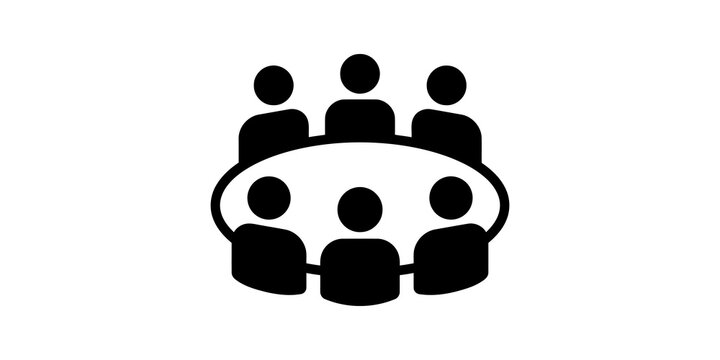 Black group of people around table icon for meeting or discussion.