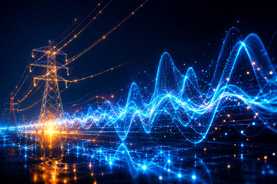 Electricity Energy Flow and Power Grid with Glowing Waveforms