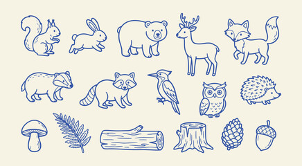 Fototapeta premium Set of cute forest animals and nature elements, woodland creatures, bear, deer, fox, rabbit, squirrel, raccoon, hedgehog, owl, bird, mushroom, fern, log, tree stump, pinecone, and acorn line art