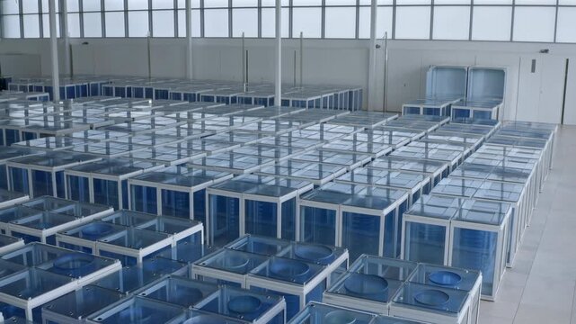 Rows of blue and white industrial cooling units fill a bright equipment hall as camera glides across repeated metal frames, circular vents, reflective panels, and tall windows