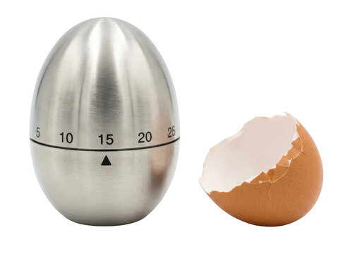 Stainless steel egg timer and a broken eggshell isolated on transparent background