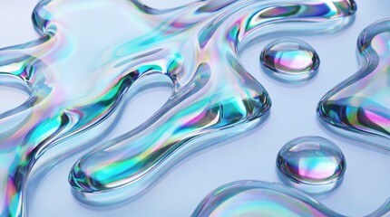 Fototapeta premium A vibrant and colorful abstract image of iridescent liquid shapes on a light blue background