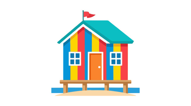Colorful striped beach hut cabin standing on wooden stilts over sand and water, summer vacation travel concept