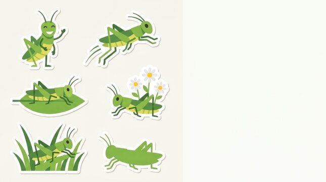 Grasshopper sticker-style clipart collection featuring jumping, sitting, smiling, resting and waving grasshoppers, grasshoppers on leaves, grasshopper