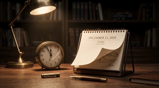 Desk calendar showing December 31 date with vintage clock and lamp in dark office study