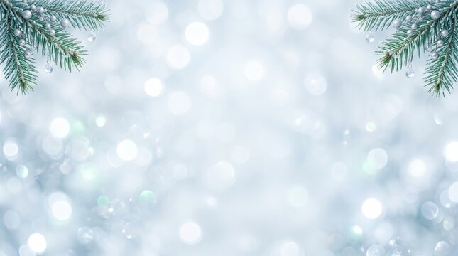 Frosted pine branches and silver ornaments on winter bokeh background