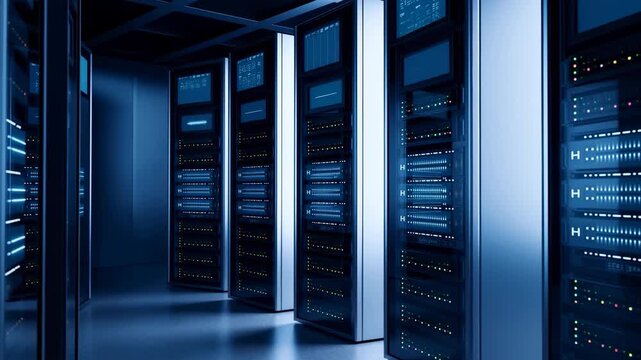 Server racks stand in illuminated data center aisle as viewpoint slowly shifts past rows of equipment cabinets, blue indicator lights and reflective flooring shaping a clean technology interior