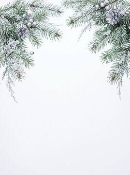 Frosted Fir Branches and Silver Cones on White Background