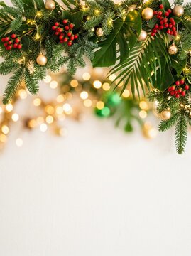 Tropical Christmas border with fir branches and gold ornaments