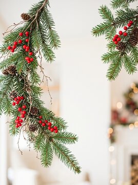 Christmas holiday background with pine branches and red berries