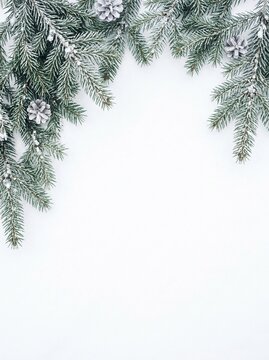Christmas Border with Snowy Fir Branches and Pine Cones
