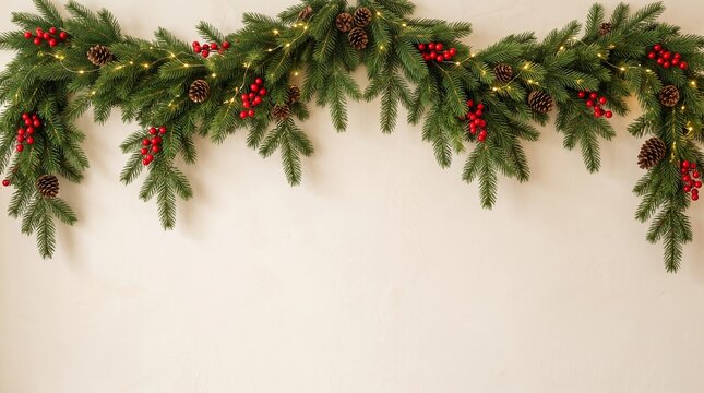 Christmas Evergreen Garland with Red Berries and Lights on Wall